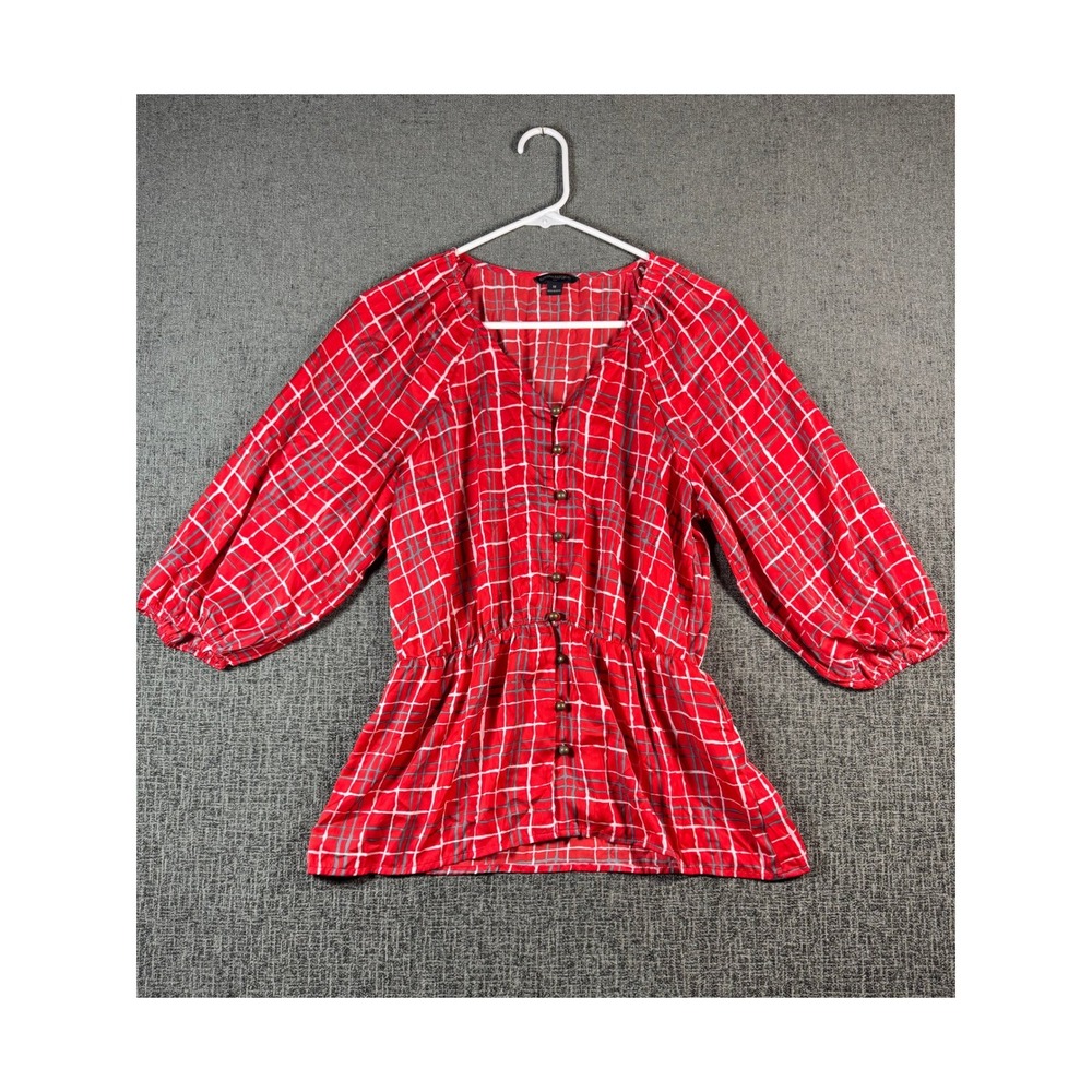 Banana Republicβ Red Plaid Peplum Blouse V-Neck Puff Sleeve Button Up Womens M